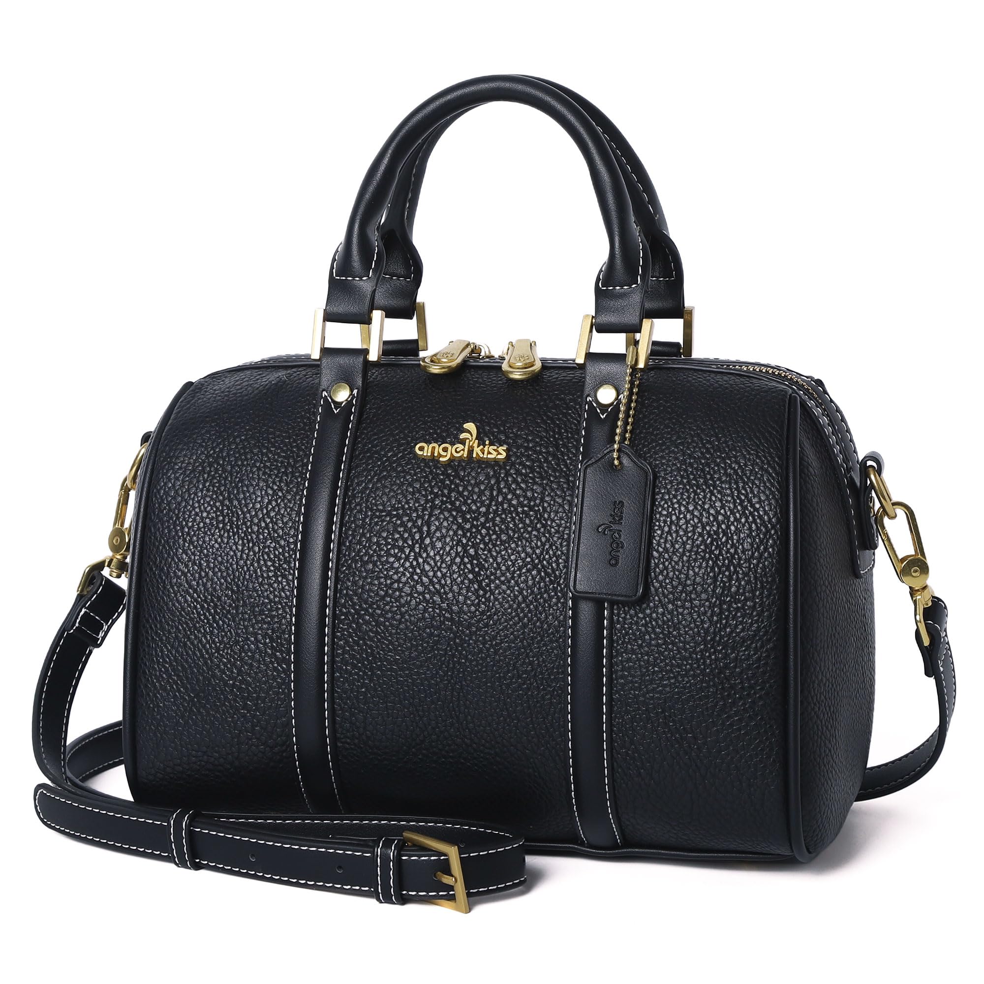 Angel Kiss Vegan Leather Women's Boston Barrel Bag Top Handle Shoulder Purse with Crossbody Strap